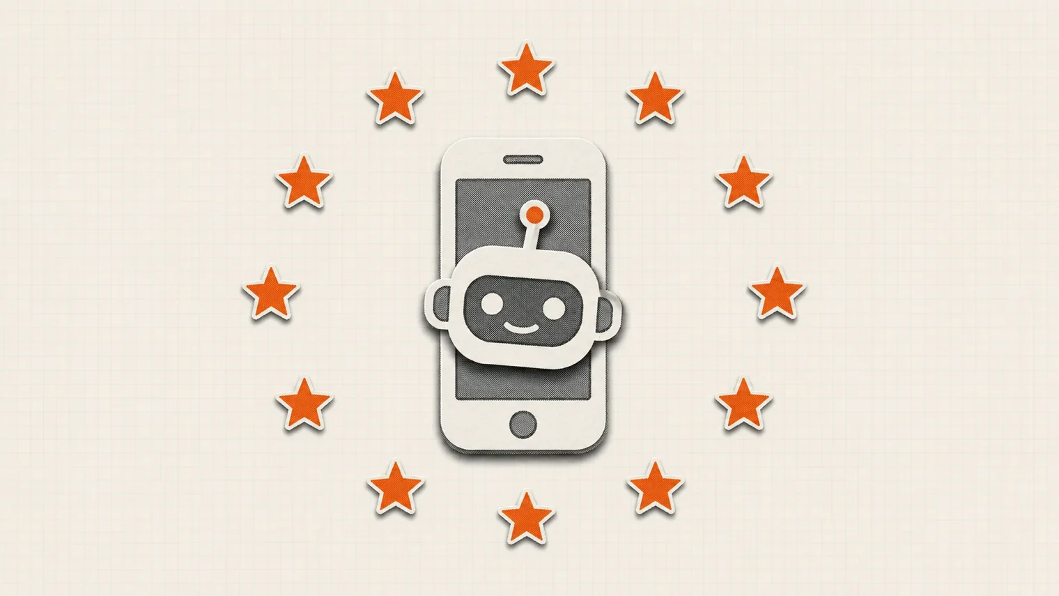 AI Act a aplikacje: smartfon z robotem i pierścień gwiazd UE w stylu papierowej wycinanki
