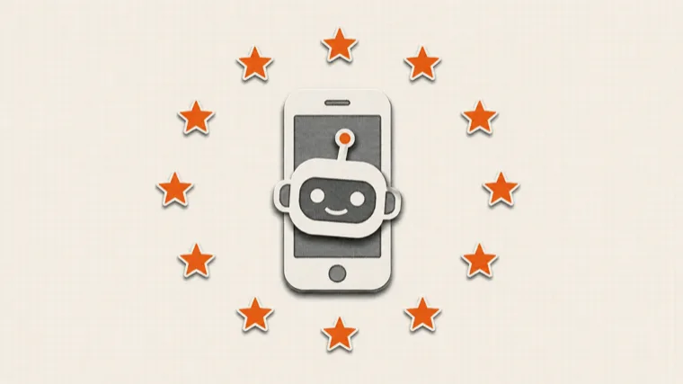 AI Act a aplikacje - smartfon z robotem i pierścień gwiazd UE na kartce w kratkę